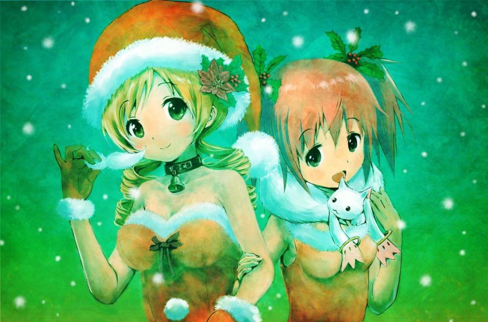 Konachan.com - 150481 2girls blush christmas cleavage collar gloves hat kaname_madoka kyuubee ma.jpg